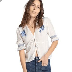 Rouje Leon White Blue Embroidered Tie-Front Blouse Women's Size 36 US 4